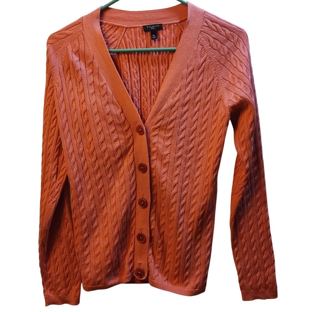 Talbots Petites Cable Knit Cardigan‎ Sz M Coral Button Sweater Preppy Layers